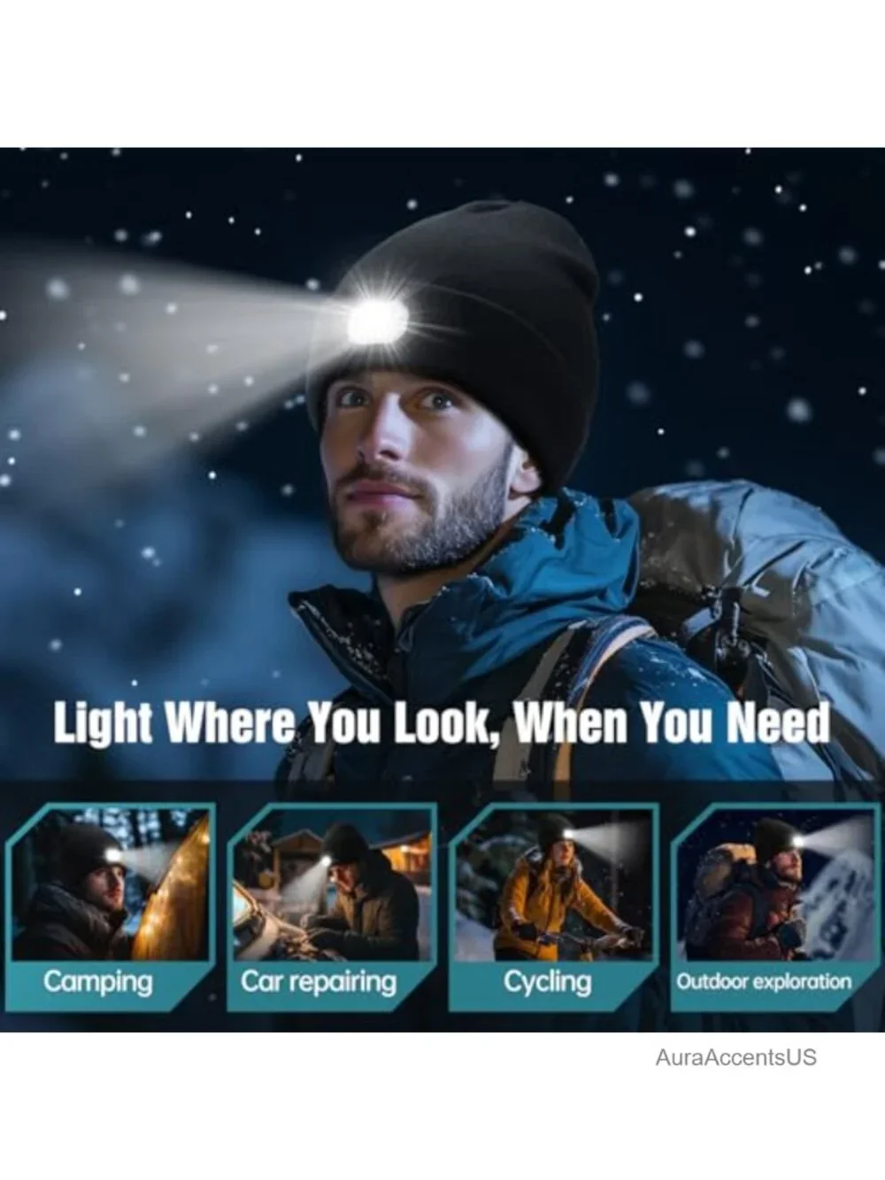 LED Beanie Hat with Bluetooth Headphones, Rechargeable Headlamp, 100% Acrylic,